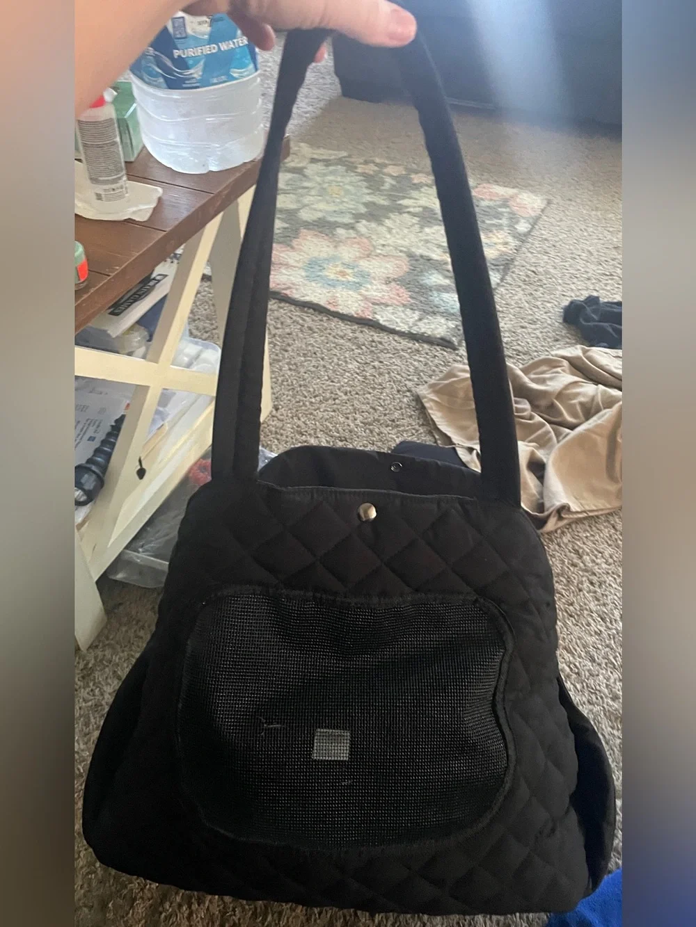 Quilted Black Pet Carrier Tote - Comfortable Travel Bag for small animals